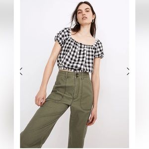 Madewell Linen-Blend Puff-Sleeve Button-Front Crop Top in Gingham Check size L